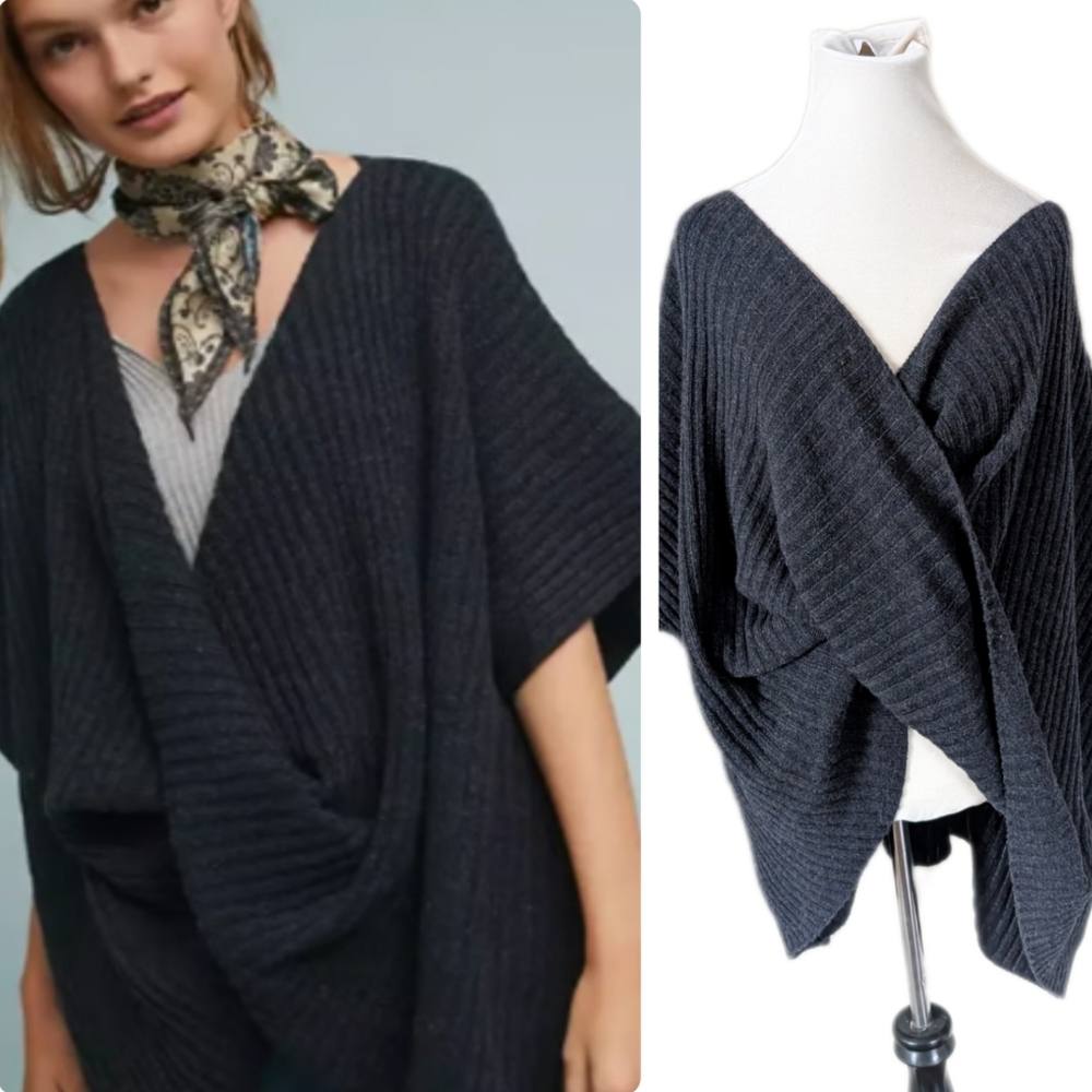 Anthropologie Sweater Blue Twisted Front Ribbed Knit Wool Blend Poncho One Size
